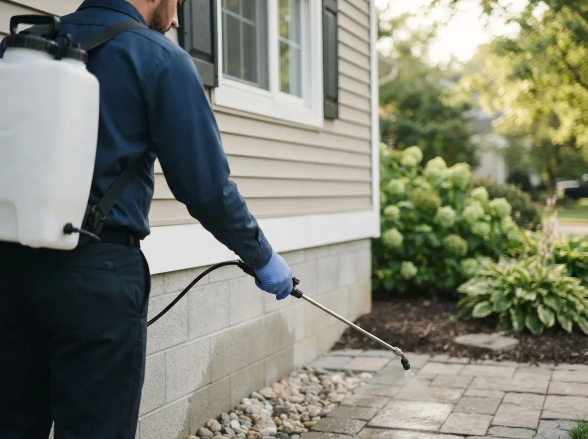 Pest control technician inspecting a home in Oktaha, OK